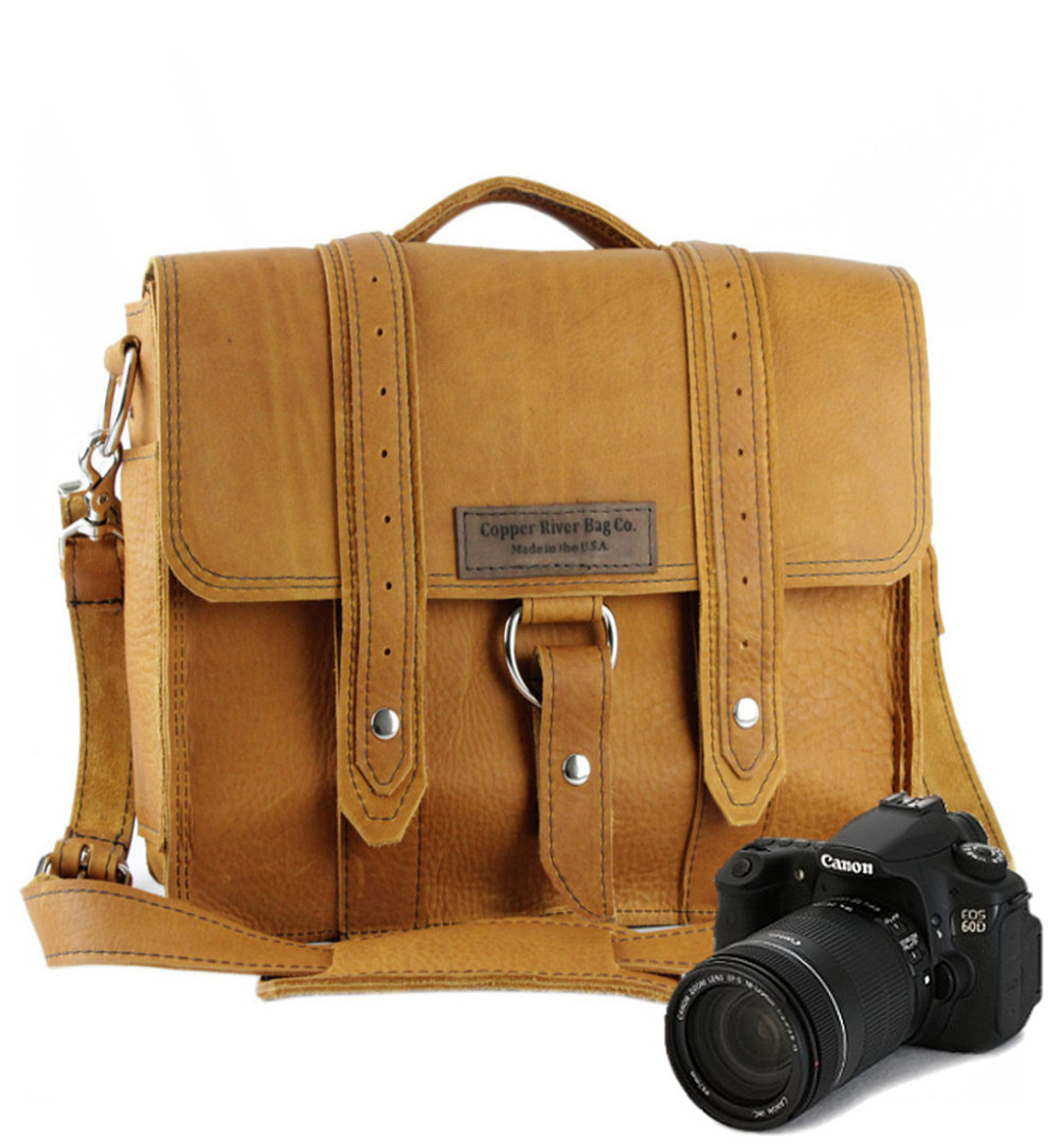 tan leather camera bag