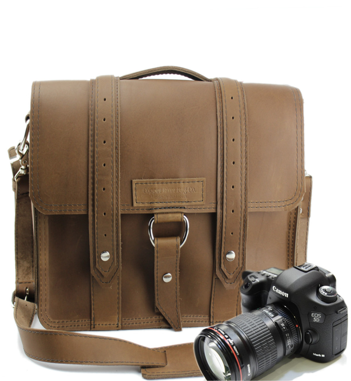 tan leather camera bag