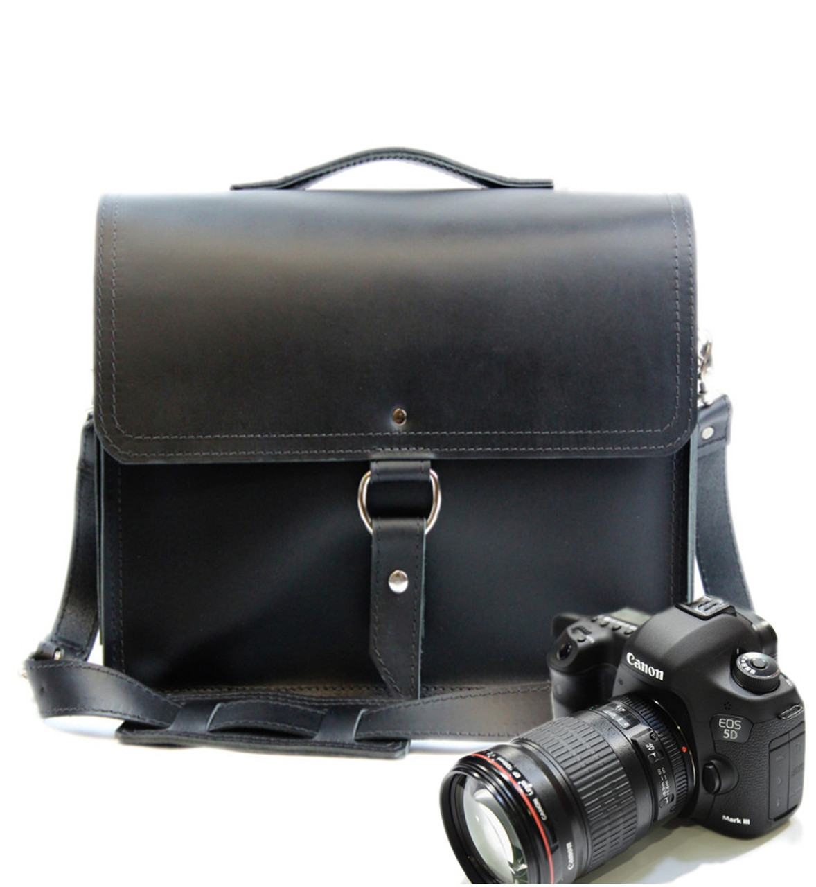 black leather camera bag