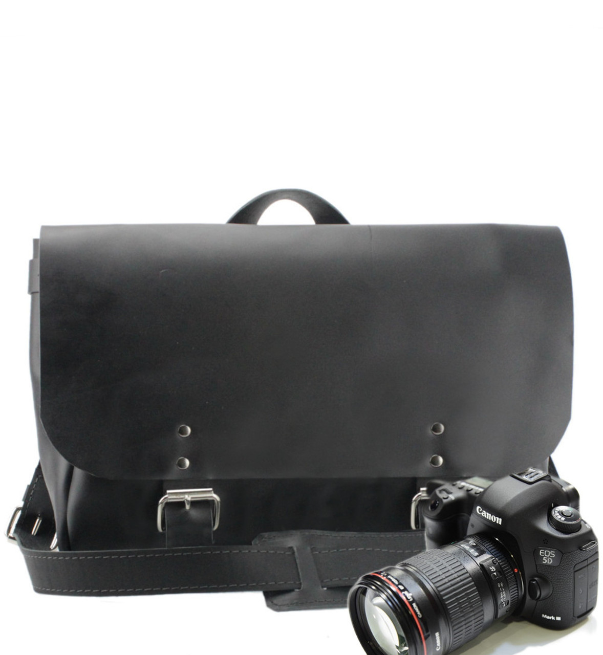 black leather camera bag