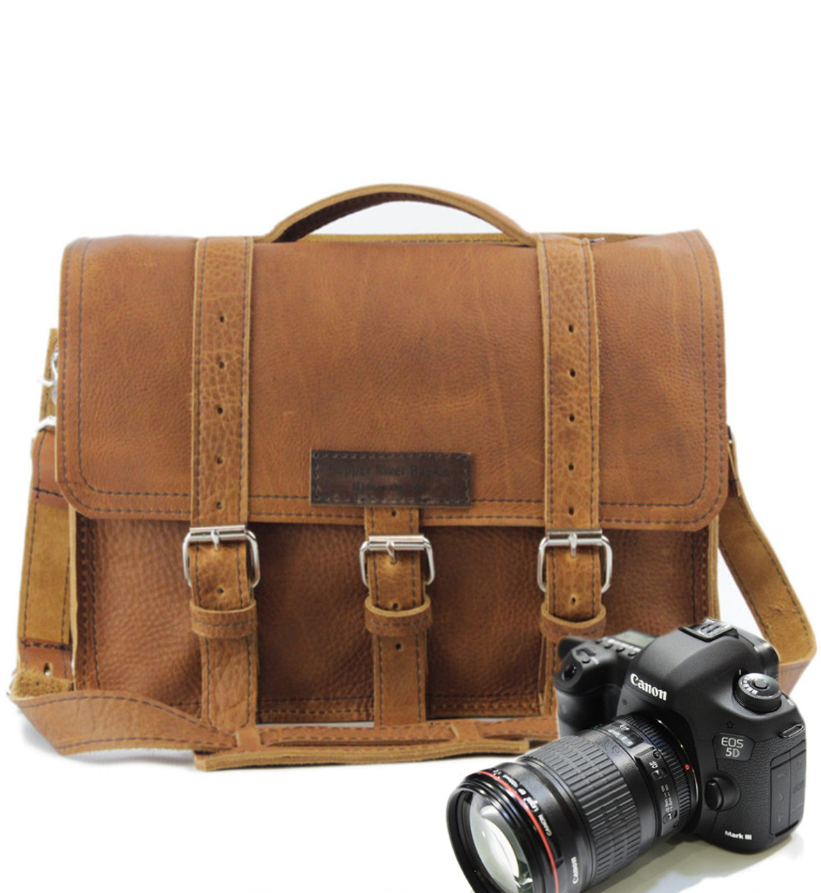 tan leather camera bag