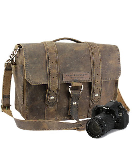 tan leather camera bag