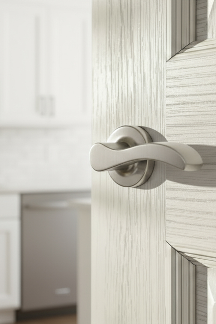 Image of door handle leading to a kitchen