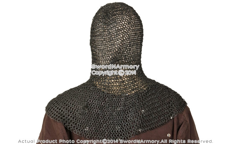 Black Medieval Chainmail Coif Head Neck Protector Round Ring Round