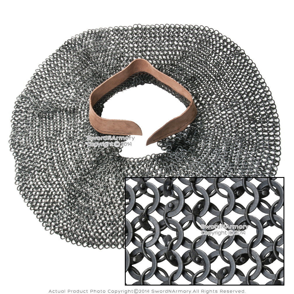 Medieval Chainmail Aventail w/ Leather Collar Round Ring Round Riveted