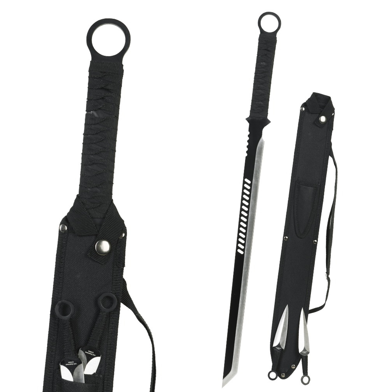27 Two Tone Blade Ninja Machete Sword Black Cord Wrapped Handle, Including  Two Throwing Knives With Black Nylon Sheath
