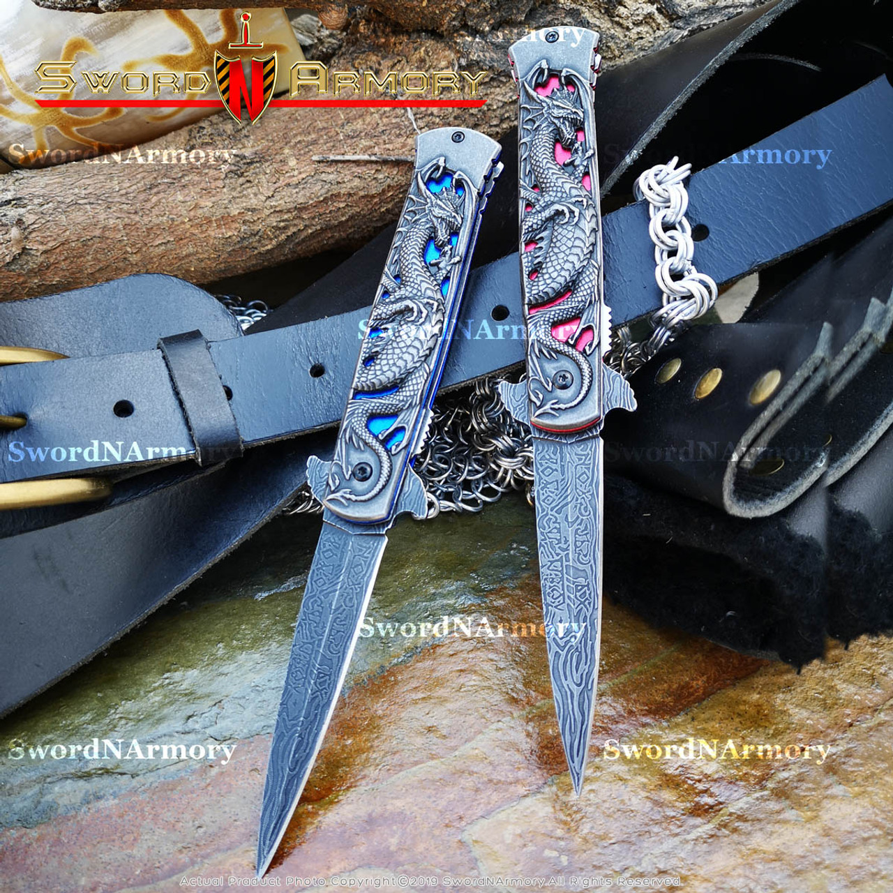 Spring-Assist Folding Knife Damascus Etch Blade Gothic Stile