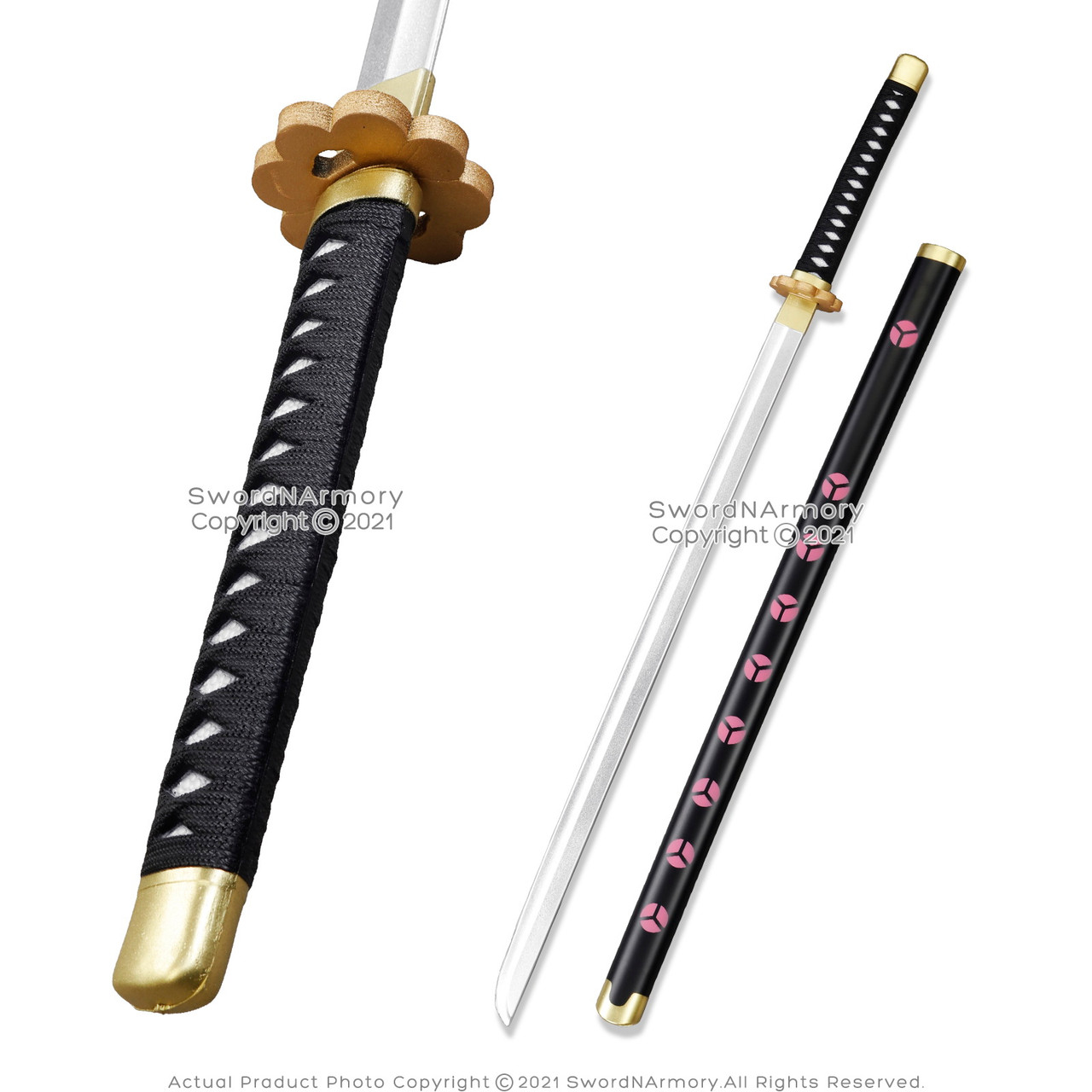 Image of an anime character in a black and gold outfit with a katana