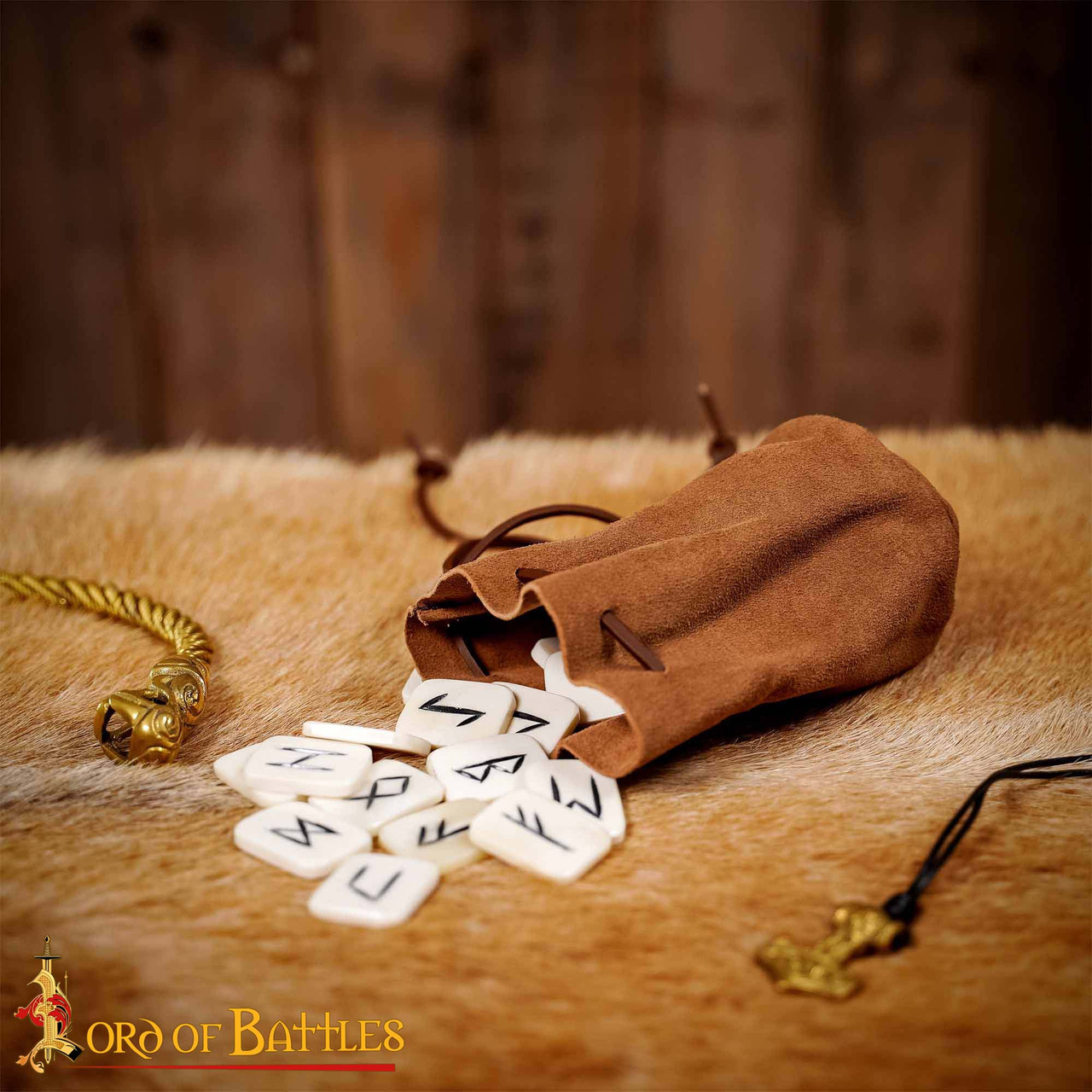 Gaming Bone Rune Set with Genuine Suede Drawstring Bag