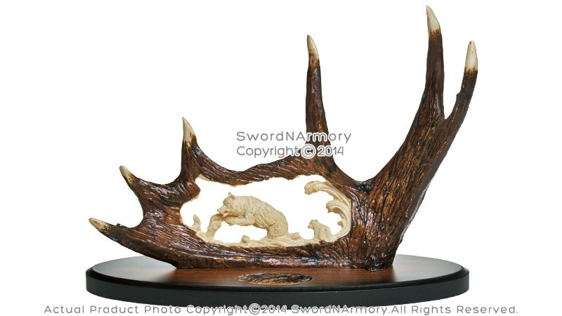 15" High Detail Bear Hunting Knife w/ Polyresin Deer Antler Stand Gift