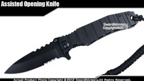 Black Spring Assisted Open Folding Pocket Knife Serrated Blade with Parachute Cord