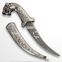 Handmade Iron Forged Koftgari Damascus Steel Blade Tiger Handle Dagger Knife-