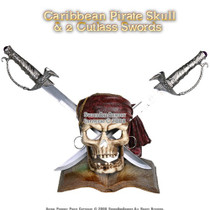 Caribbean Pirate Skull With Two Miniature Cutlass Swords and Stand
