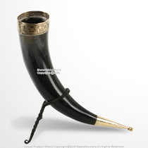 Medieval Viking Ceremonial Drinking Horn w/ Brass Fitting and Iron Display Stand