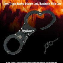 Steel Triple Hinged Double Lock Handcuffs With Case Steel Triple Hinged Double Lock Handcuffs With Case