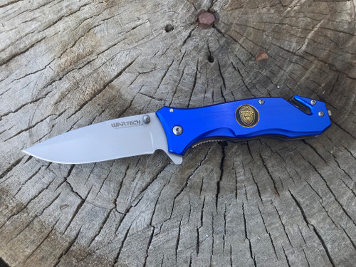 Spring Assisted Open Emergency Knife Tanto Police Emblem Belt Cutter Glass Punch