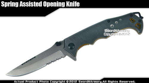 Gray Assisted Opening Knife Steel Handle Pocket Folder Titanium Coated Blade