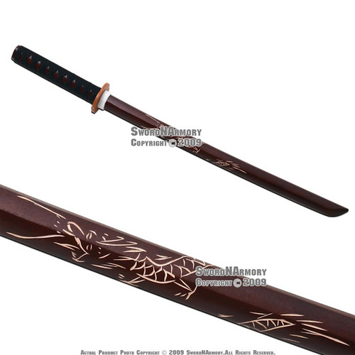 32" Wakizashi Size Wooden Bokken Practice Samurai Sword with Dragaon Engraved RD