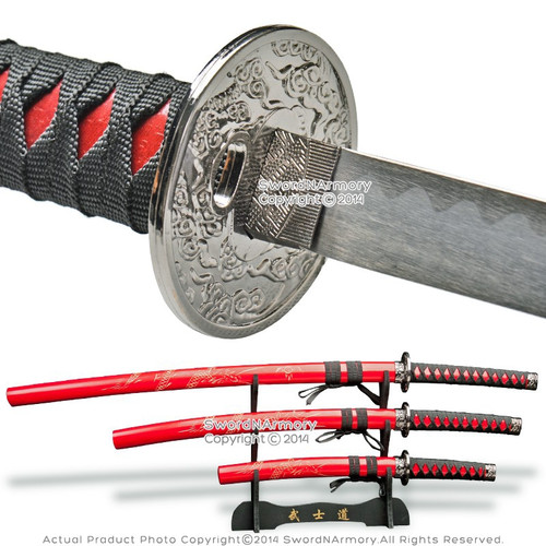 Set of 3 Japanese Samurai Red Dragon Sword Set Katana Wakizashi Tanto w/ Stand