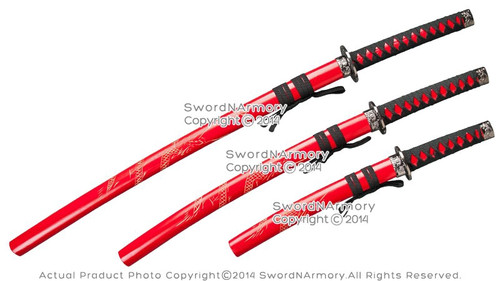 Set of 3 Japanese Samurai Red Dragon Sword Set Katana Wakizashi