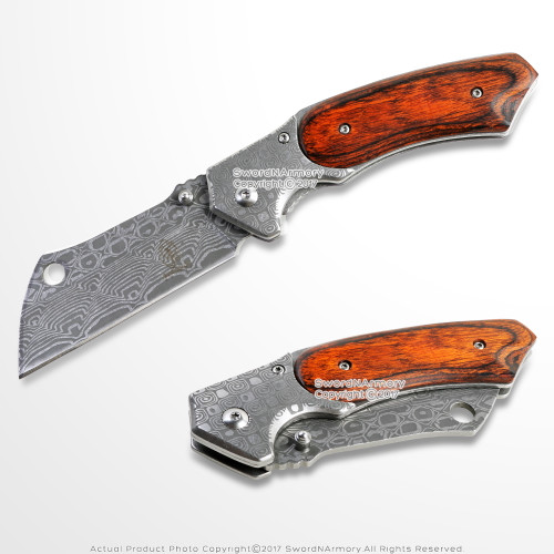 8" Damascus Etch Cleaver Razor Blade Spring Assisted Pocket Knife 8" Damascus Etch Cleaver Razor Blade Spring Assisted Pocket Knife
