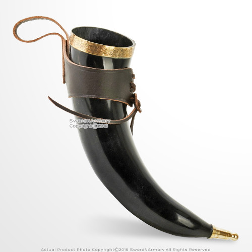 Deluxe Medieval Drinking Horn BOS TAURUS Viking Cup Brass Fitting Leather Holder Deluxe Medieval Drinking Horn BOS TAURUS Viking Cup Brass Fitting Leather Holder