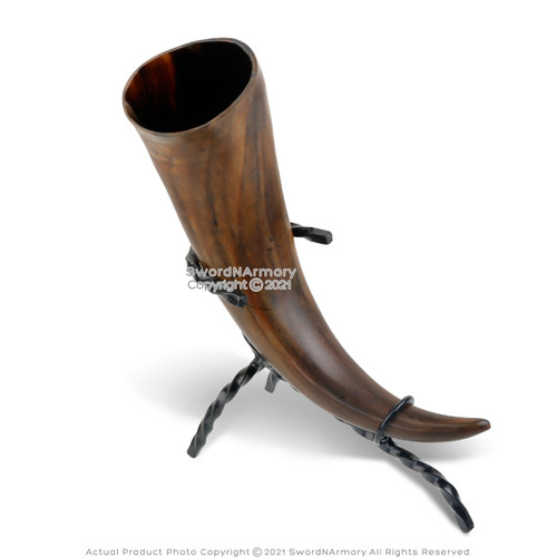 13"-15" Drinking Cow Horn Bos Taurus Antique Finish Genuine Viking with Iron Stand
