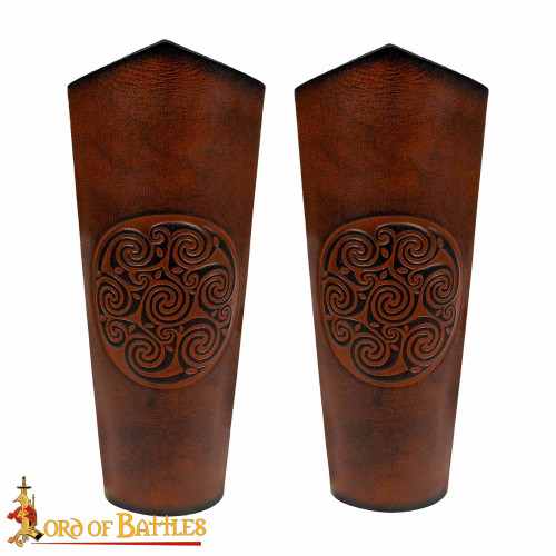 Genuine Leather Bracers with Embossed Celtic Spiral Design Genuine Leather Bracers with Embossed Celtic Spiral Design