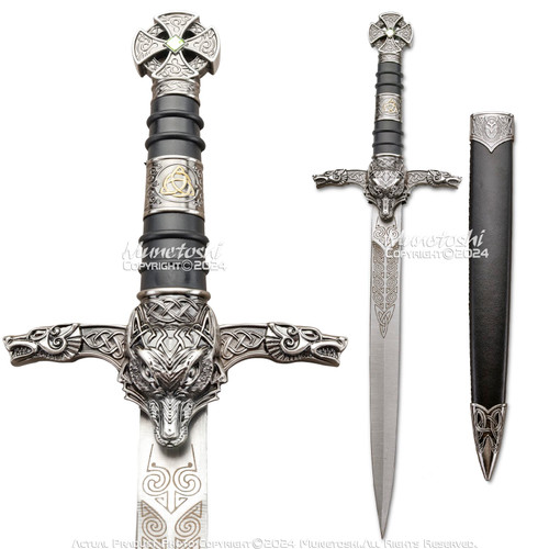 17" Medieval Celtic Dagger w/ Black Leather Wrapped Wolf Head Hilt and Green Gem 17" Medieval Celtic Dagger w/ Black Leather Wrapped Wolf Head Hilt and Green Gem