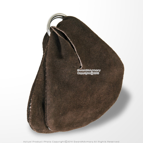 Medieval Renaissance Double Compartment Ring Genuine Suede Leather Coin Bag Brown