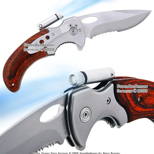 Wood Handle Folder Pocket Knife Flip Out LED Flash Light