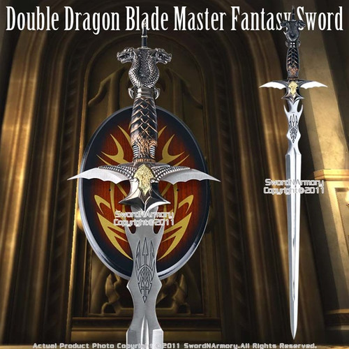 Double Dragon Blade Master Fantasy Sword Dagger with Wooden Display Plaque Double Dragon Blade Master Fantasy Sword Dagger with Wooden Display Plaque