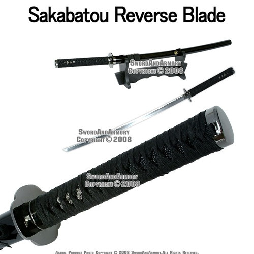 Black Anime Kensin Reverse Blade Katana Sakabatou Sword Cosplay with Stand