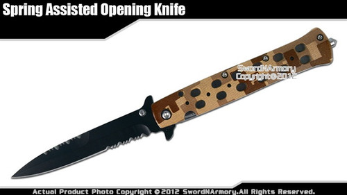 Desert Brown Camo Stiletto Assisted Open Folding Pocket Knife w/ Glass Breaker