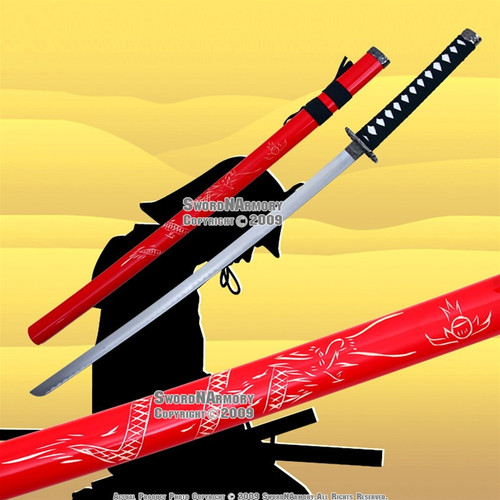 Classic Japanese Samurai Sword Katana Red Dragon Engraved