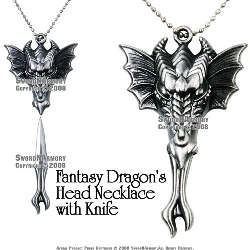 Fantasy Dragon's Head Necklace with Knife & 30" Chain