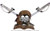 Caribbean Pirate Skull With Two Miniature Cutlass Swords and Stand