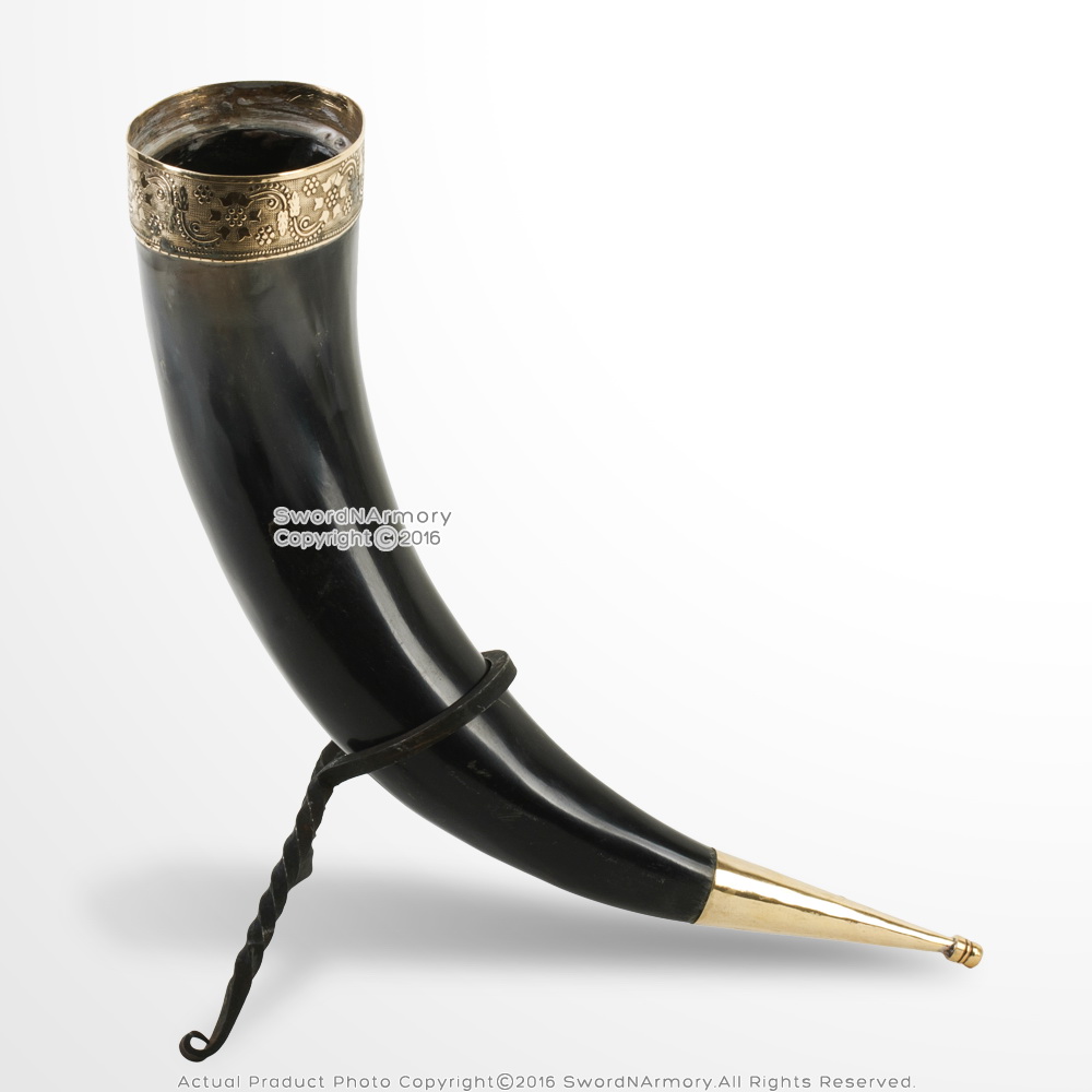 Brass Rim Drinking Horn with Horn Stand