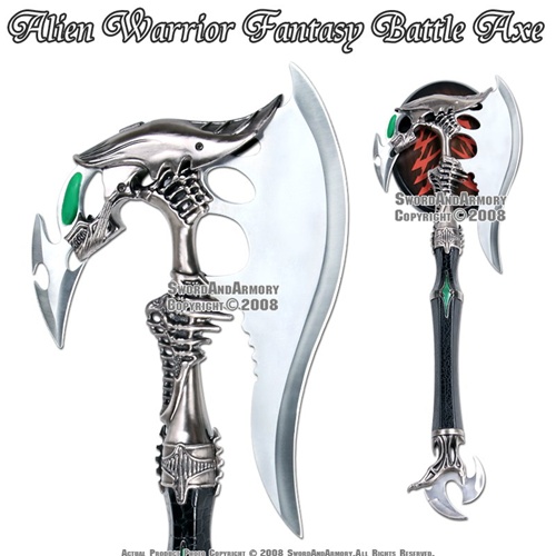 Alien Warrior Fantasy Battle Axe Hatchet with Dagger & Display