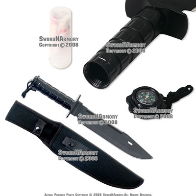 Blacked Out Fixed Blade Serrated Survival Knife With Kit