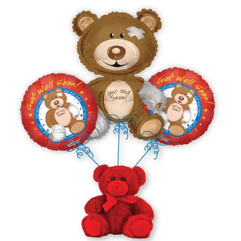 Balloon Bouquet with Plush Weight - Get Well Soon Teddy Bear