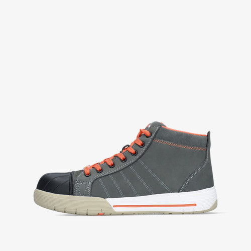 De Bata Industrials Bickz 731 veiligheidsschoen, zijaanzicht. Hoog model, grijs en oranje.