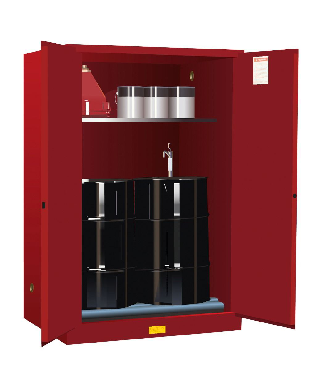 60 Gallon, 2 Drum Vertical, 1 Shelf, 2 Doors, Manual Close, Safety Cabinet With Drum Rollers, Sure-Grip® EX, Red - 899061