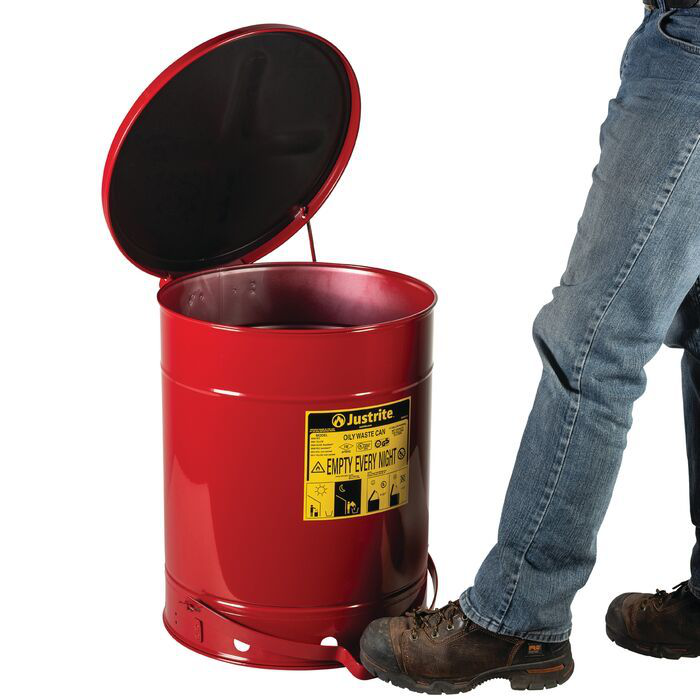 14 Gallon, Oily Waste Can, Hands-Free, Self-Closing Cover, SoundGard™, Red - 09508