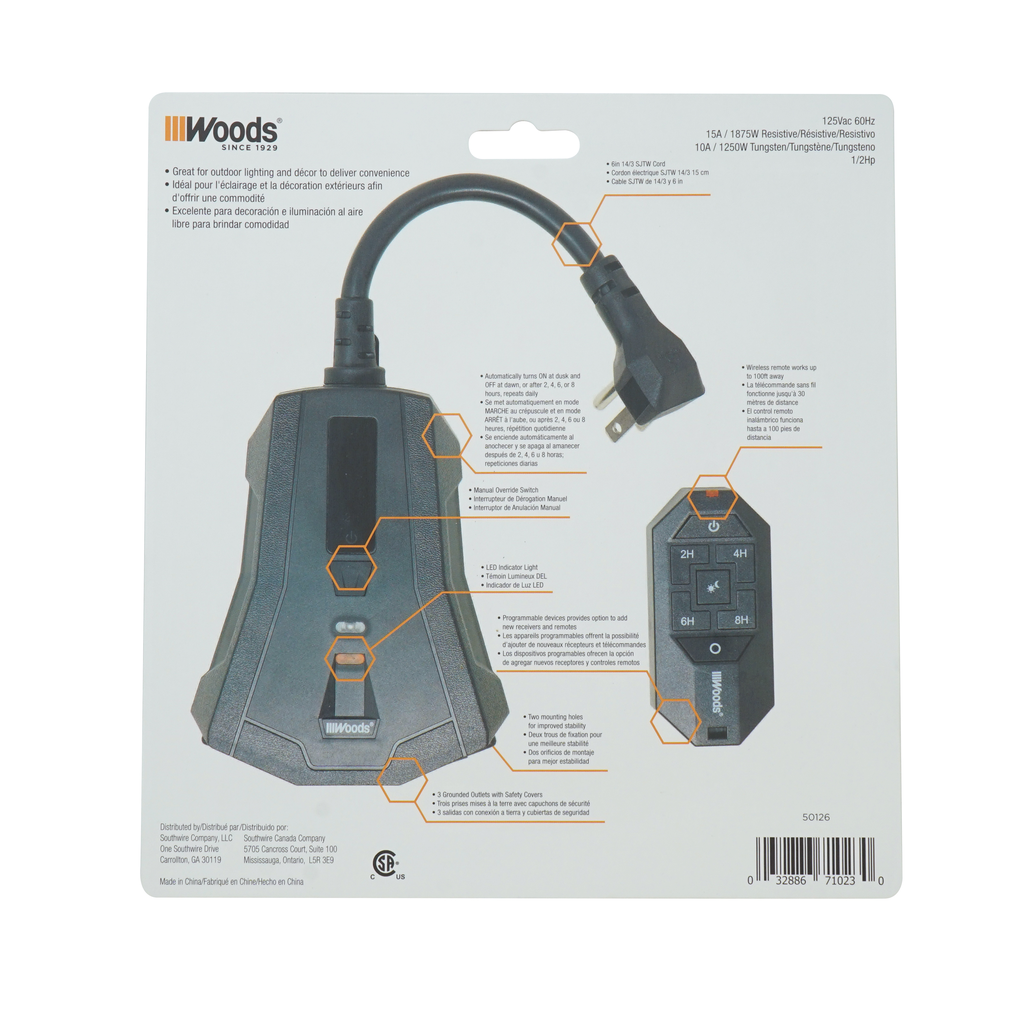 Woods OUTDOOR WIRELESS REMOTE CONTROL WITH PHOTOCELL, 3 GROUNDED OUTLETS 6/BX