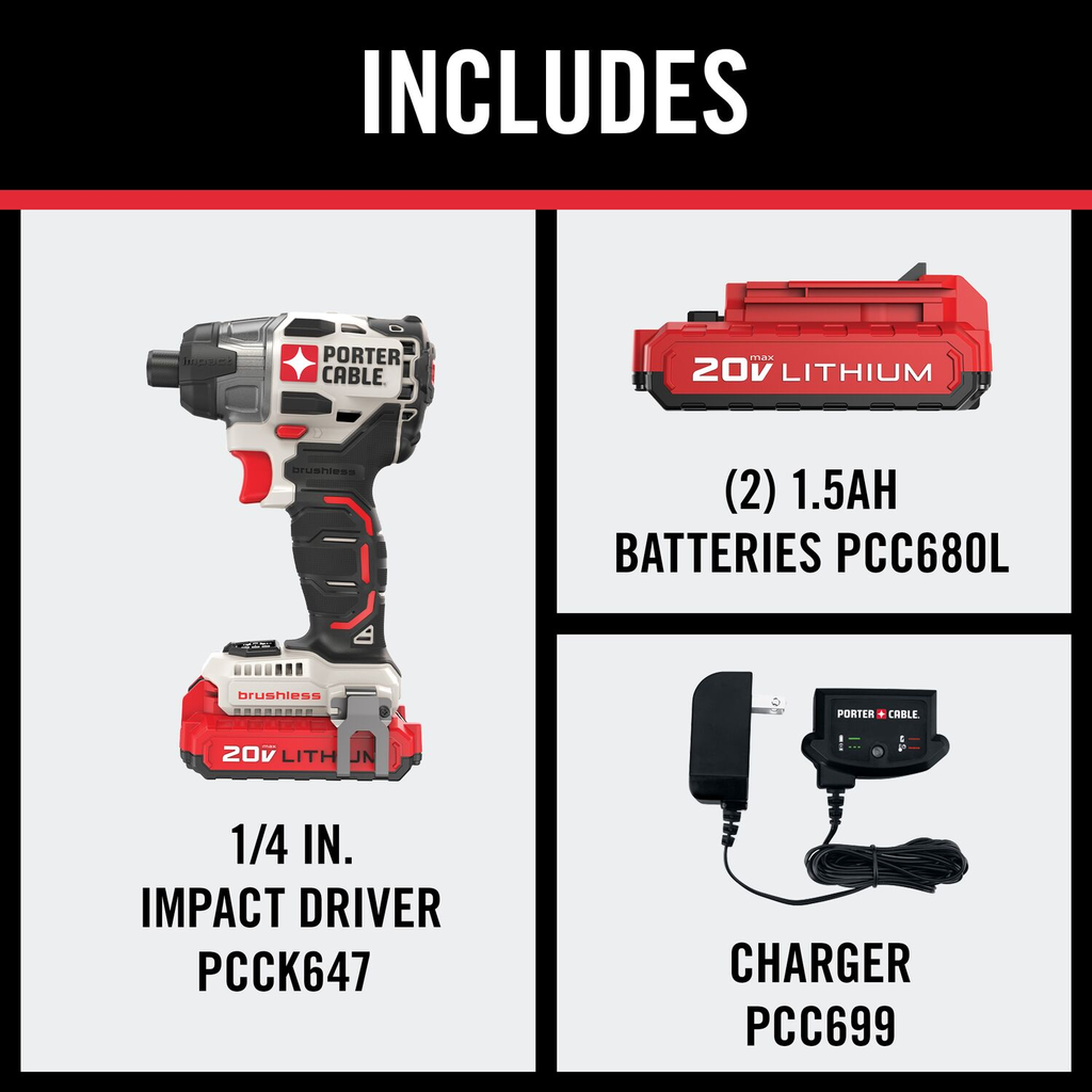 PORTER CABLE 20V MAX 1/4IN BRUSHLESS IMPACT DRIVER
