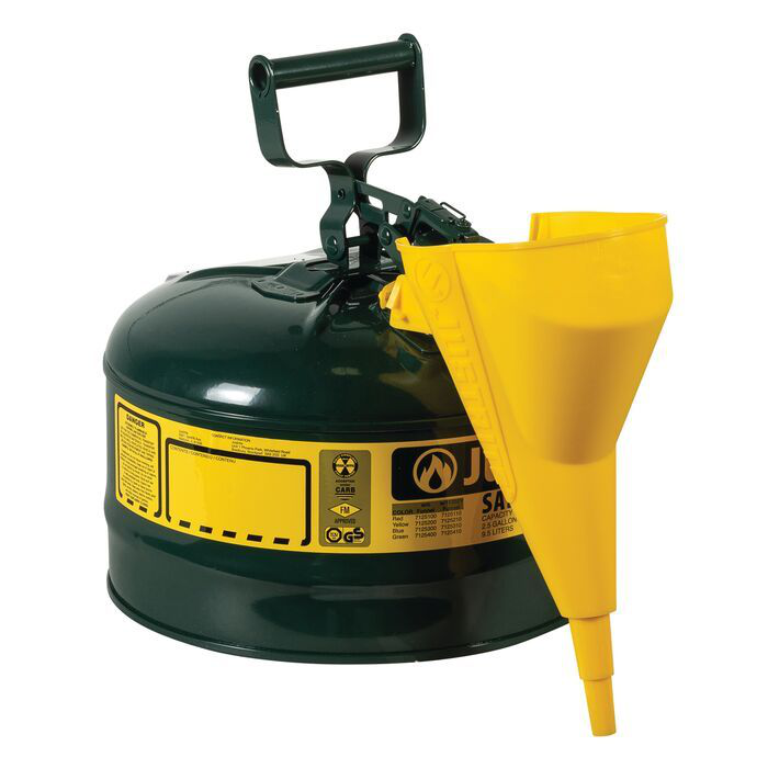 2.5 Gallon Steel Safety Can for Oil, Type I, Funnel, Flame Arrester, Green - 7125410