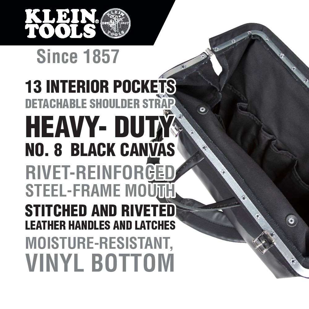 Klein Deluxe Tool Bag, Black Canvas, 13 Pockets, 18-Inch