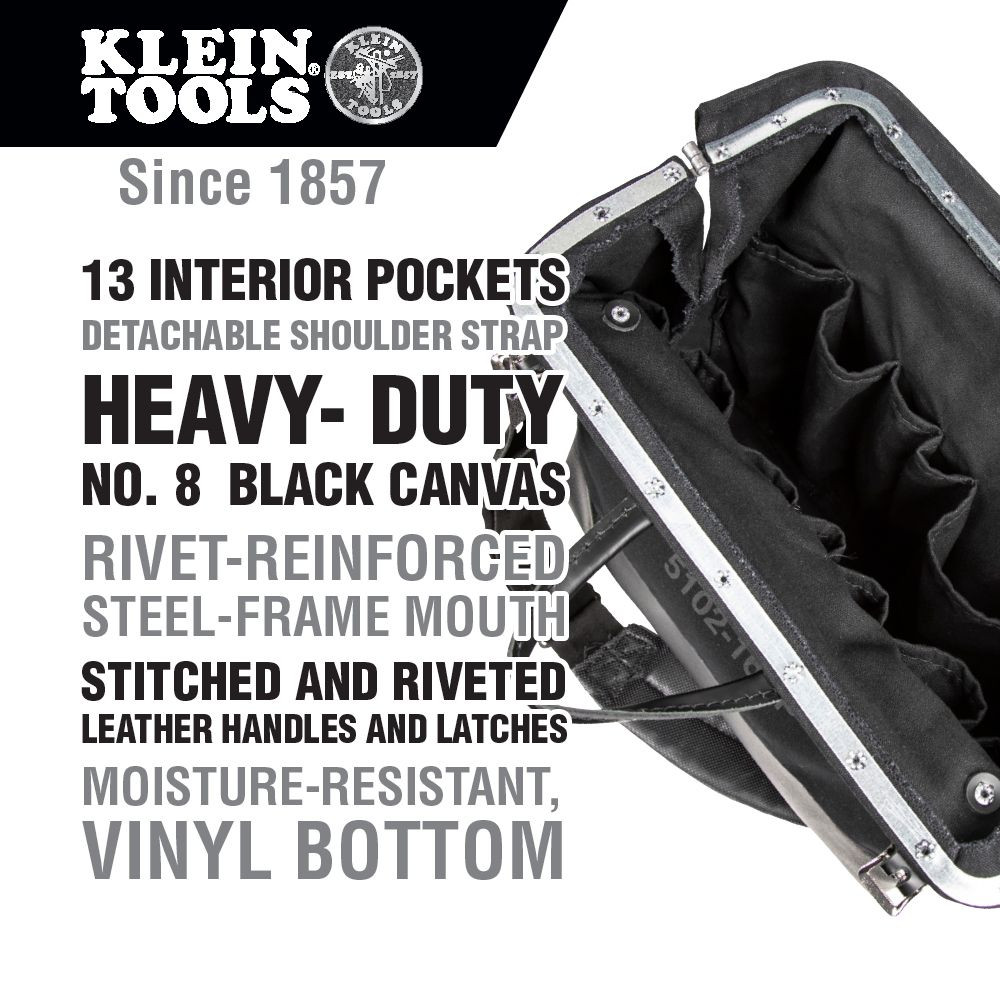 Klein Deluxe Tool Bag, Black Canvas, 13 Pockets, 16-Inch