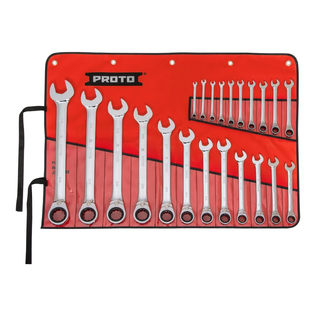 PROTO 22 Piece Full Polish Metric Combination Reversible Ratcheting Wrench Set - 12 Point